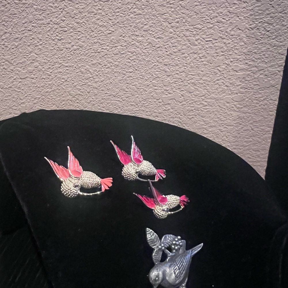 Pink and Silver Bird Brooch Set